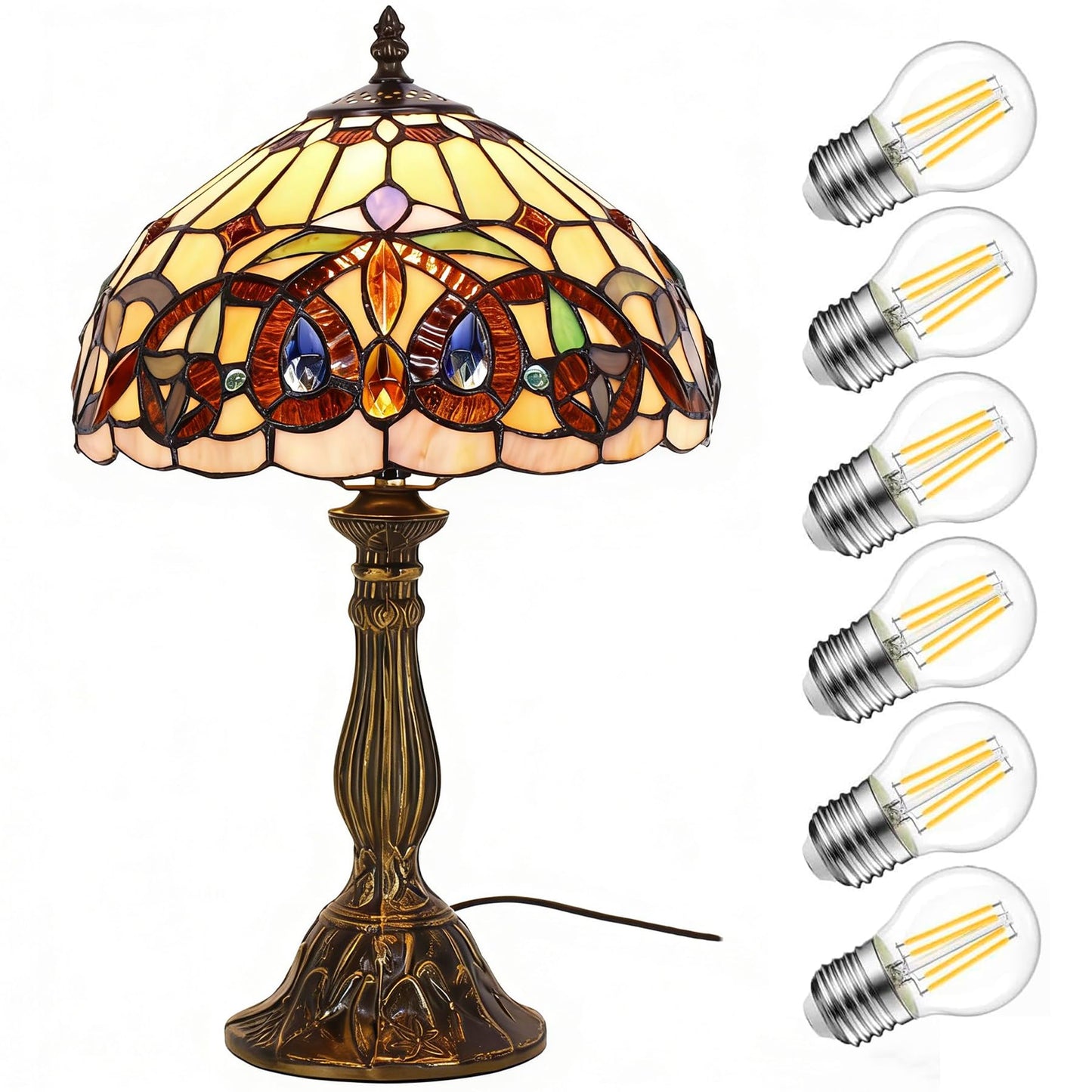 WERFACTORY Tiffany Style Table Lamp Stained Glass Serenity Victorian Bedside Lamp Desk Reading Light 12X12X18 Inches Decor Bedroom Living Room Home Office S021 Series