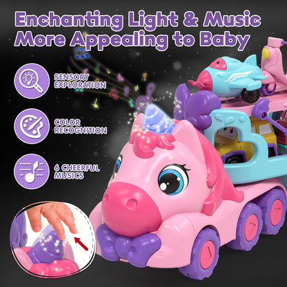 Lehoo Castle Toddler Toys for 1 2 3 Year Old Girls, Unicorn Gifts for Girls, 2 Year Old Cars Toys for kids, Birthday Gifts Carrier Truck with Light & Music