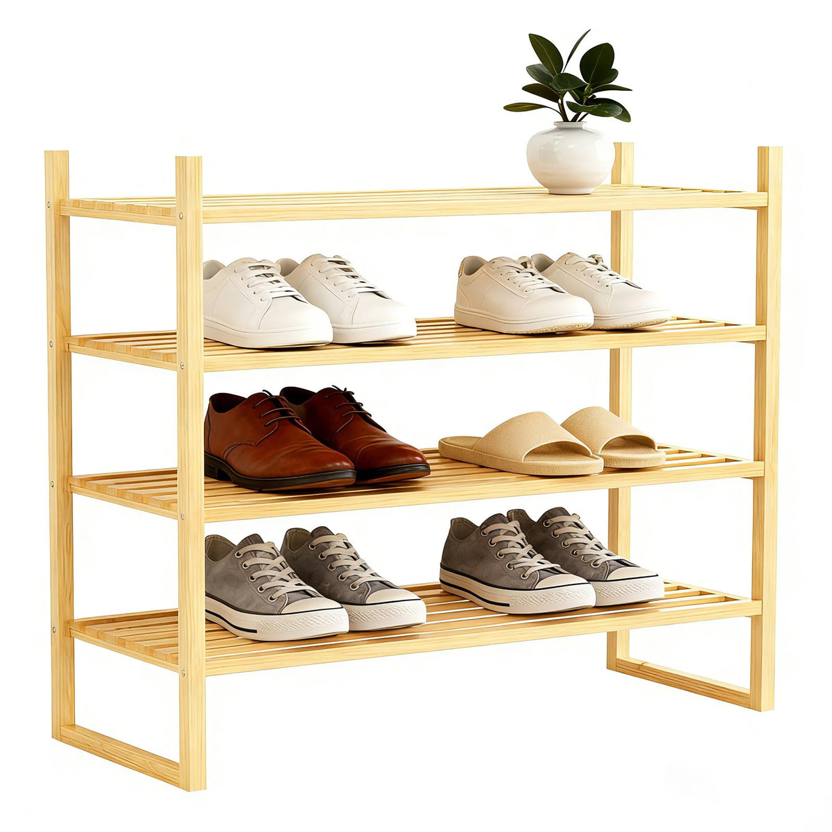 Bambly 4 Tier Bamboo Wooden Shoe Rack for Closet & Entryway, Free Standing Shoe Rack Stand Organizer Shelf for Garage, Bedroom, Small Space Storage, Stackable