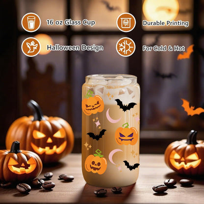 Halloween Gifts for Women 16oz Pumpkin Bat Coffee Glass Cup with Lid & Straw, Boo Basket Stuffers Fall Themed Gifts for Her, Sister, Friend