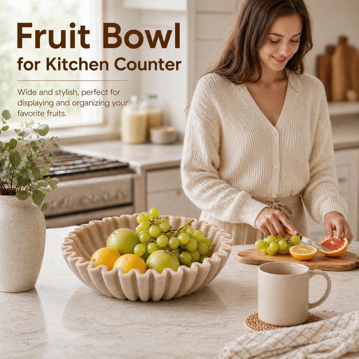 YMXYJM Large Decorative Bowl, Modern Handicraft Bowls for Home Decor, Fruit Bowl for Kitchen Counter, Ruffle Decor, Stylish Key Bowl for Entry Table, Artificial Stone Beige