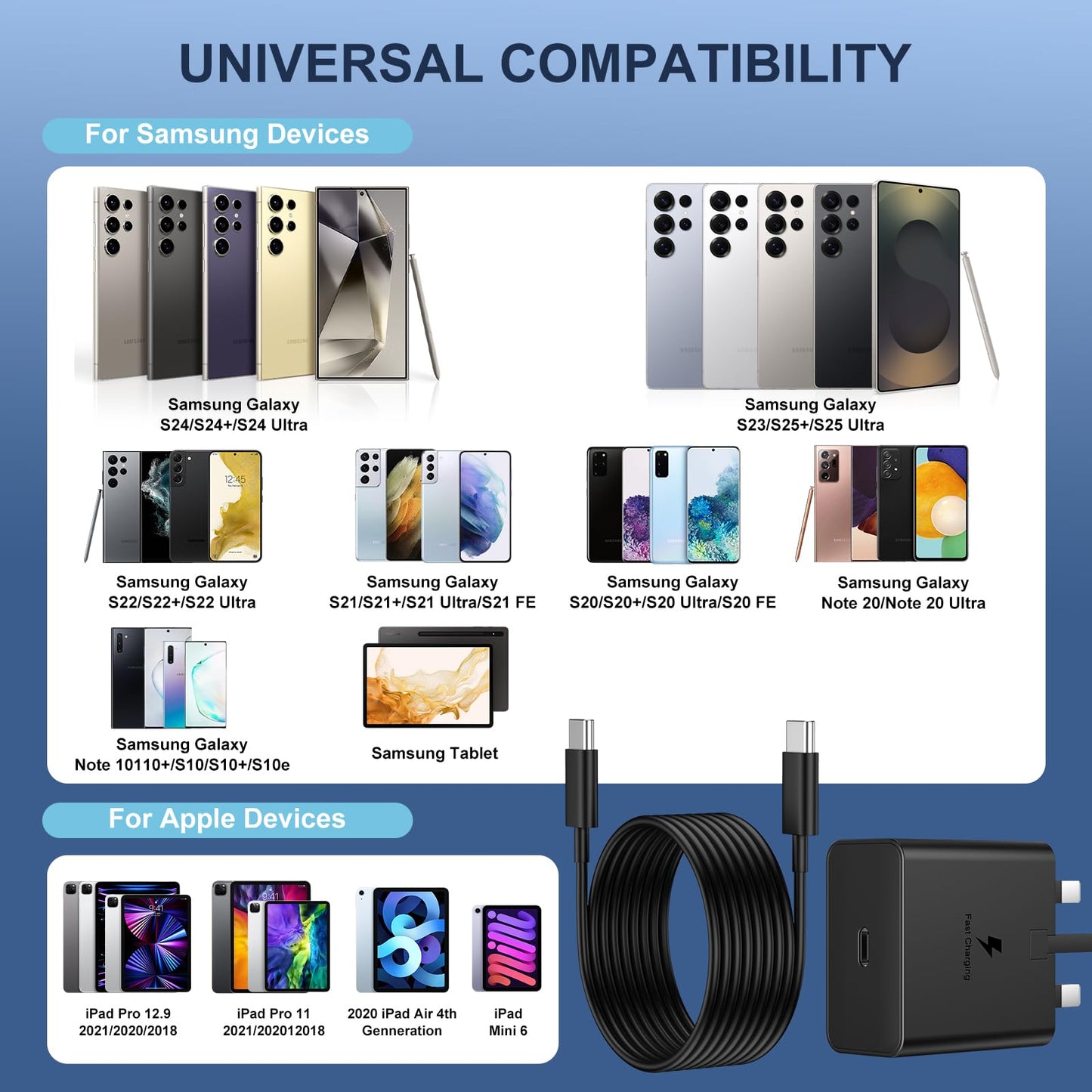 Samsung Fast Charger USB C Plug with USB C Cable 3M Long 25W Type C Super Fast Phone Charging Android Adaptor UK 2-Pack for Galaxy S25 Ultra/S24/S23/S22/S21/iPhone 17/17 Air/17 Pro/Max/16/15 Black