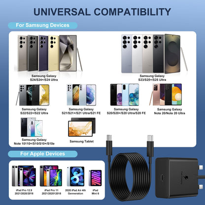 Samsung Fast Charger USB C Plug with USB C Cable 3M Long 25W Type C Super Fast Phone Charging Android Adaptor UK 2-Pack for Galaxy S25 Ultra/S24/S23/S22/S21/iPhone 17/17 Air/17 Pro/Max/16/15 Black