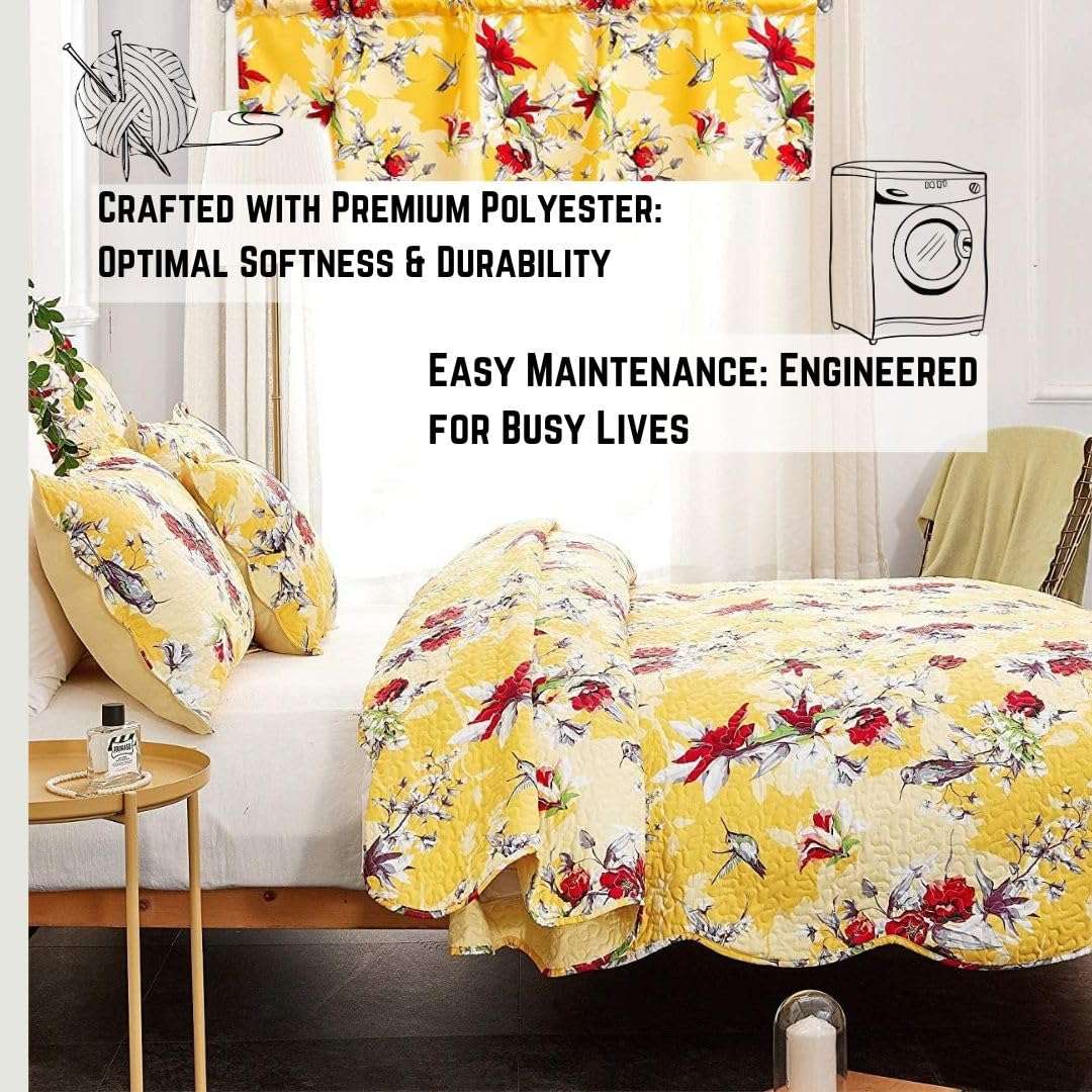 DaDa Bedding Radiant Sunshine Yellow Floral Bedspread Set - Hummingbirds Farmhouse Red Flowers Garden Quilted Coverlet - Scalloped Edges Bright Vibrant Multi-Colorful - Queen - 3-Pieces