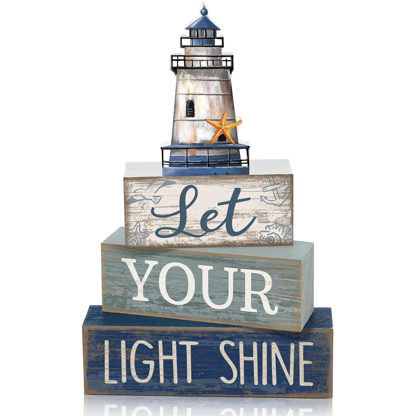 Lineshading 4 Pcs Beach Coastal Table Decor Wooden Lighthouse Decoration with Starfish Summer Tiered Tray Decor Blue and White Ocean Centerpieces Rustic Beach House Nautical Decorations for Home Shelf