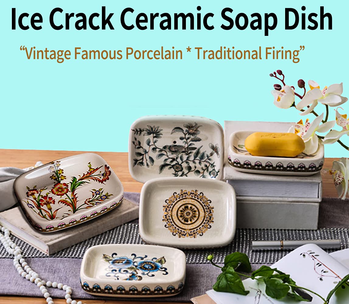 Kelake Ceramic Soap Dish Creative Ice Crack Ceramic Peacock and Flower Pattern Soap Dish Holder for Bathroom and Shower Soap Tray Box with Drain Gift for Mum Family
