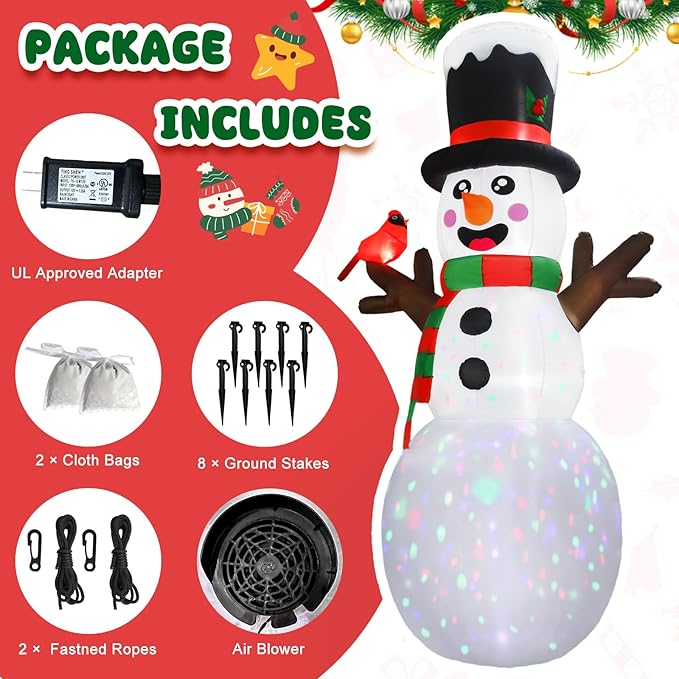 AerWo 12FT Christmas Inflatable Outdoor Decoration, Giant Inflatable Snowman Outdoor Christmas Blow up Yard Decorations with LED Lights and Cardinal, Snowman Outdoor Christmas Decorations Yard Lawn