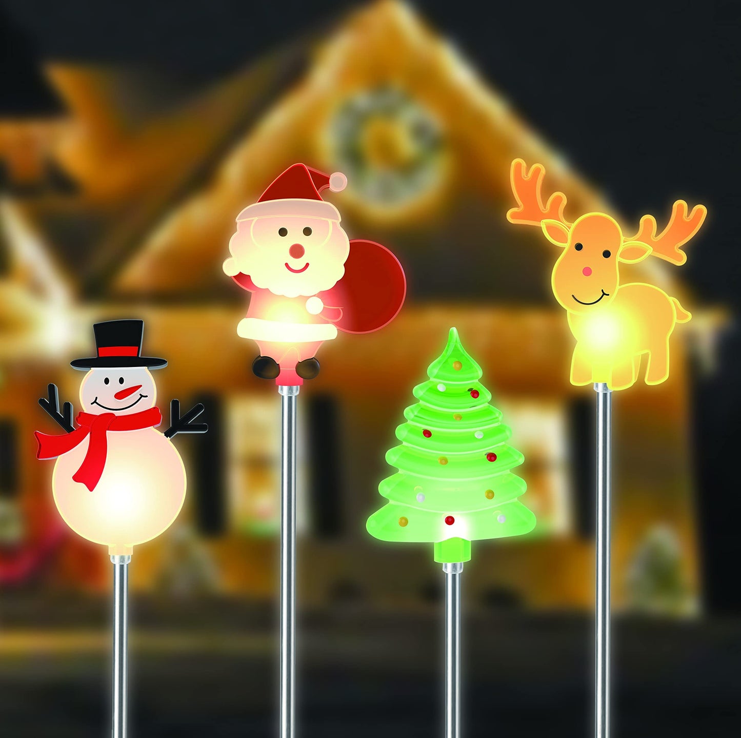 Glintoper 4 Pack Solar Christmas Figurine Lights, Outdoor Lighted Decorative Santa Claus, Snowman, Xmas Tree & Reindeer with Garden Stakes, Warm White LED Lighting Yard Stake for Path Lawn Patio Decor