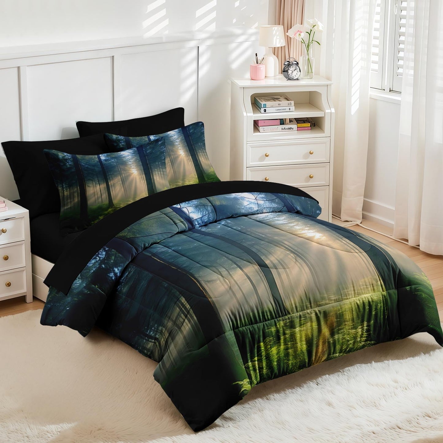 Nesker Comforter Set Queen Size, Sunlit Forest Nature 7 Pcs Bedding for Kids and Adults, Misty Tree Forest Bed Sheet Sets with Fitted Sheet 2 Pillowcases & 2 Shams