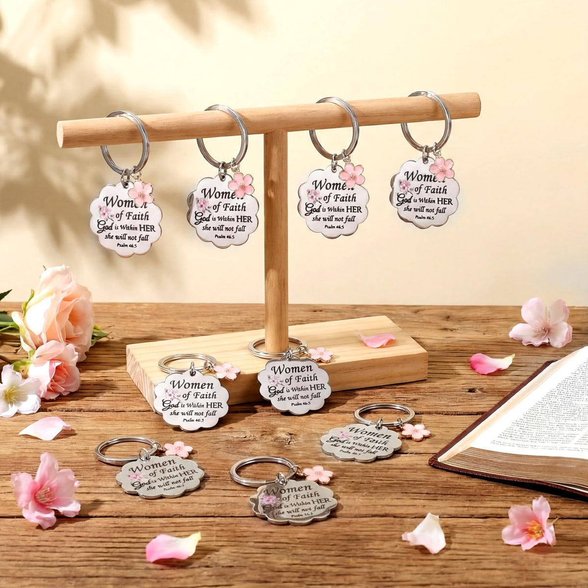 Cunno Christian Gifts for Mother's Day Women Church Religious Keychain Bulk Scalloped with Enamel Sakura Woman of Faith(24 Pcs)