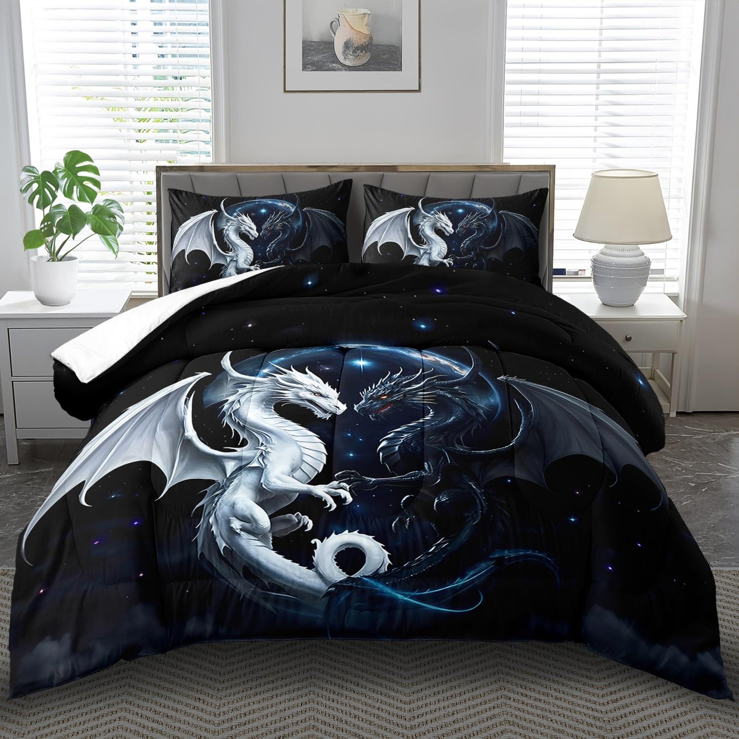 llyxsesty Black and White Dragon Comforter Set King for Boys Black Dragon Bedding Set Boys Gemini Universe Comforter King Quilt Animal Bedding Space Bed Decor Animal Home Decor