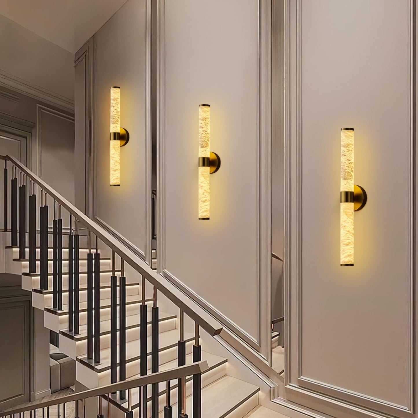 OSRoyce Alabaster Wall Sconces, 24" Brass Wall Sconce, Cylinder Natural Spanish Marble Sconces Wall Lighting, Modern Gold Dimmable Wall Lights for Living Room Bedroom Bathroom Stairs Hallway Entryway