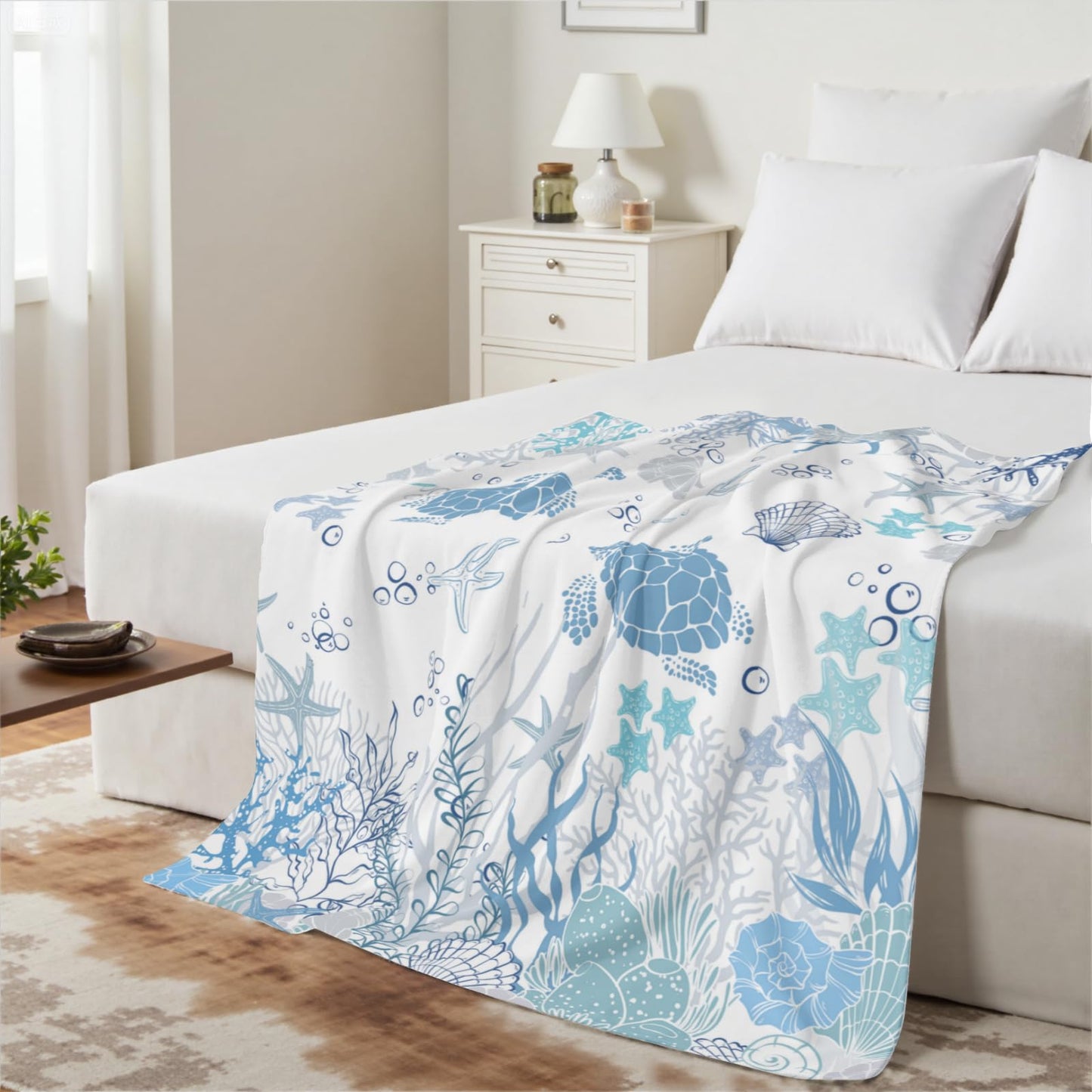 Ghirondola Sea Turtle Blanket Beach Themed Throw Gifts for Adults, Blue Starfish Coral Throw Blanket for Bed Sofa Couch,Ocean Decor Home Bedroom Blankets 50 x 60 Inch