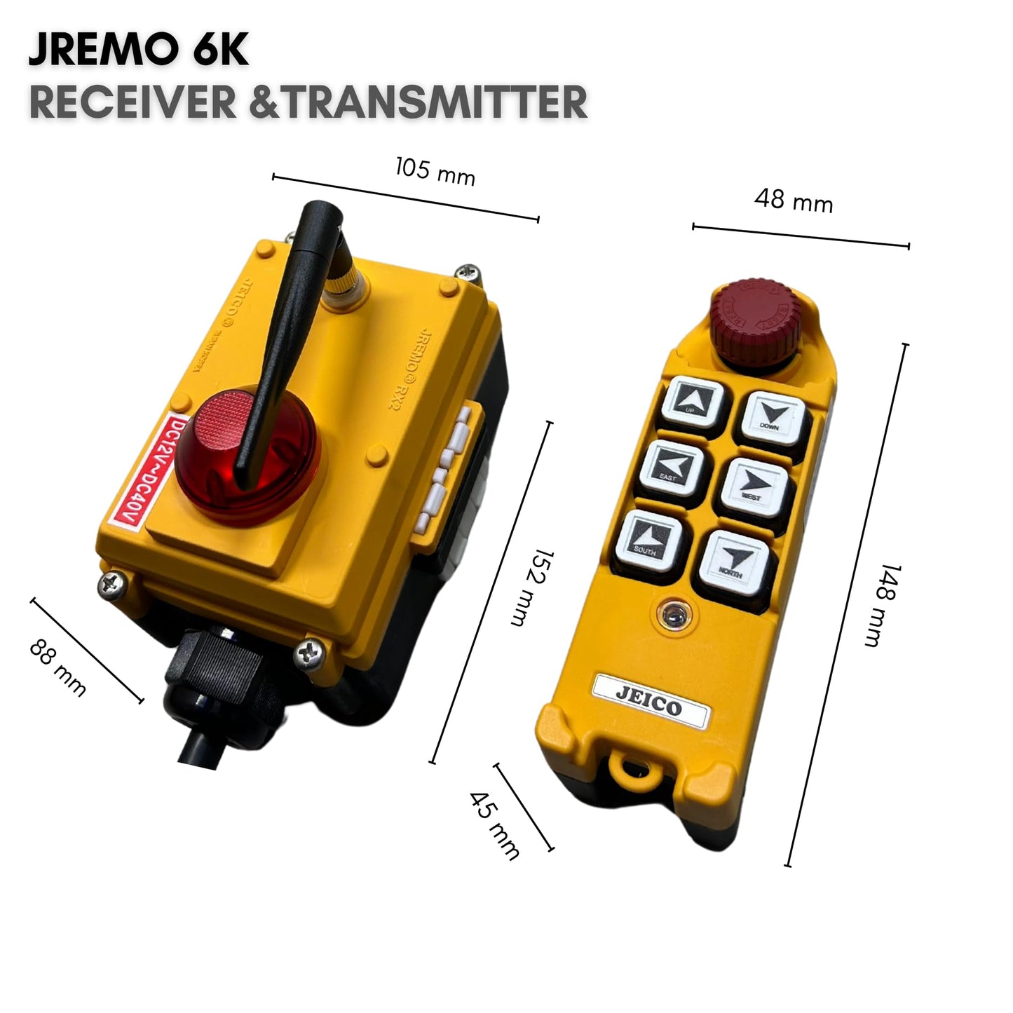 JEICO Crane Hoist Industrial Wireless Remote 6 Buttons Controller JREMO 6K (1 Transmitter + 1 Receiver) Yellow, Made in Korea