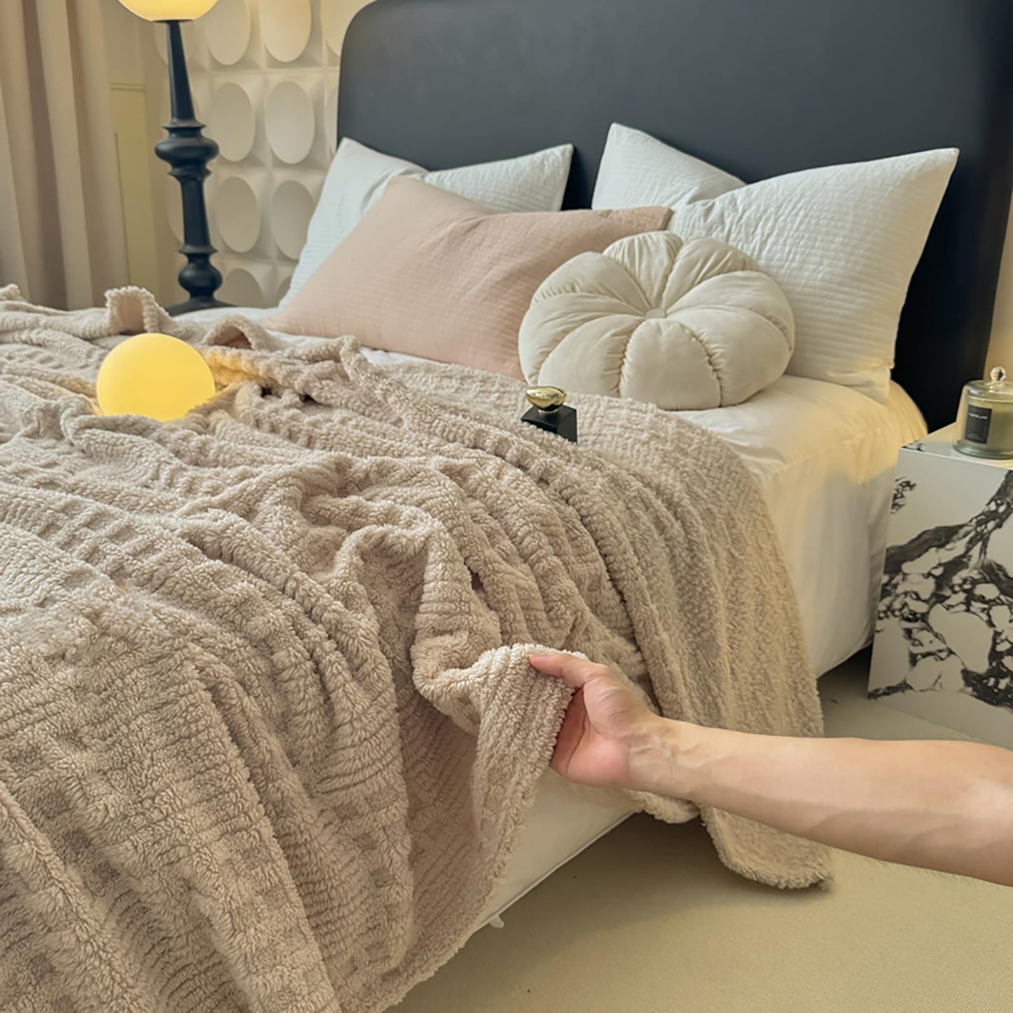 Throw Blanket for Couch or Bed，Waffle Weave Jacquard Decorative Blankets - Cozy Soft Lightweight Fuzzy Flannel Blanket(Milk Tea,80x90in)
