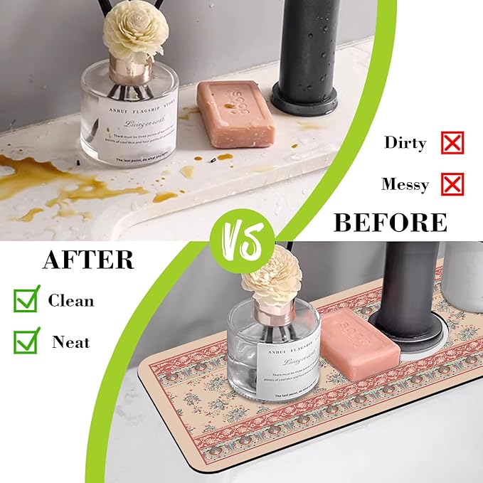 Sink Splash Guard Faucet Mat Retro Boho Flowers Absorbent Fast Drying Mat Sink