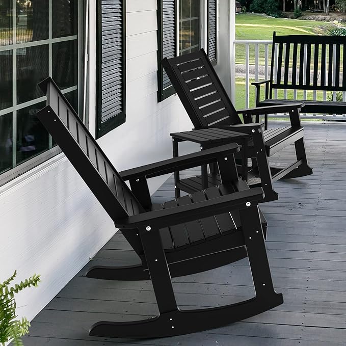 GREENVINES Outdoor Rocking Chairs | Set of 4 | Porch Rocker | HDPE Plastic | Black | Oversized Rockers | High Back | Big & Tall | Ladder Back | for Patio Outside Backyard Balcony Garden