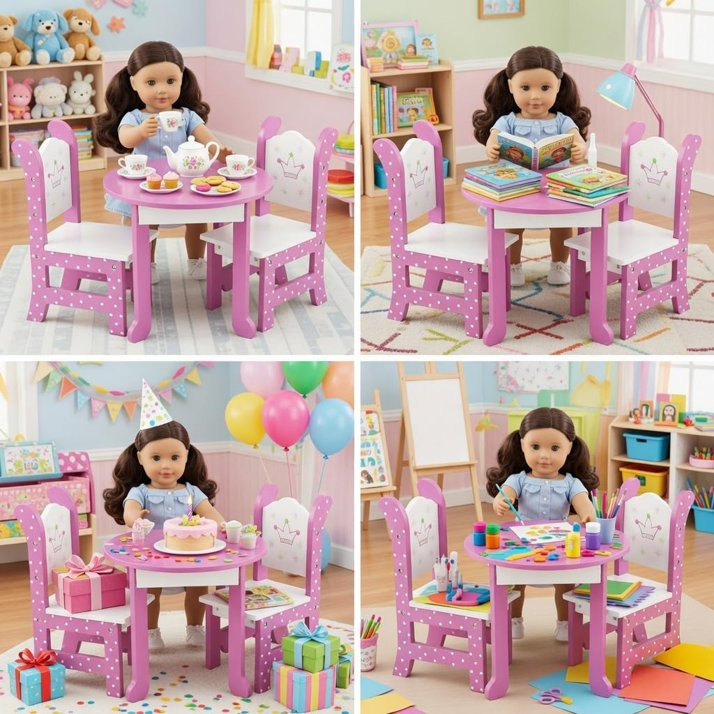 Emily Rose Wish Crown 18 Inch Doll Pink Dining Set Wooden Table & 2 Chairs