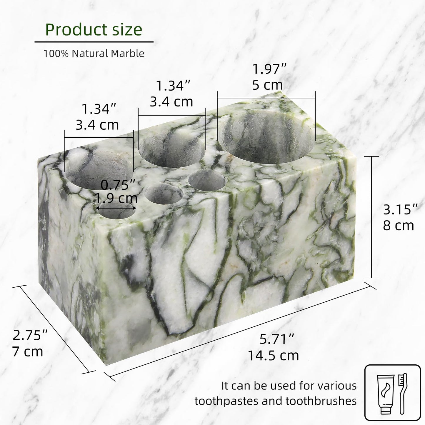 Natural Marble Toothbrush Holder,Large Bathroom Organizer Countertop,Stone Toothbrush and Toothpaste Stand with Non-Slip Silicone Pads (1,Green Emerald,6 Slots)