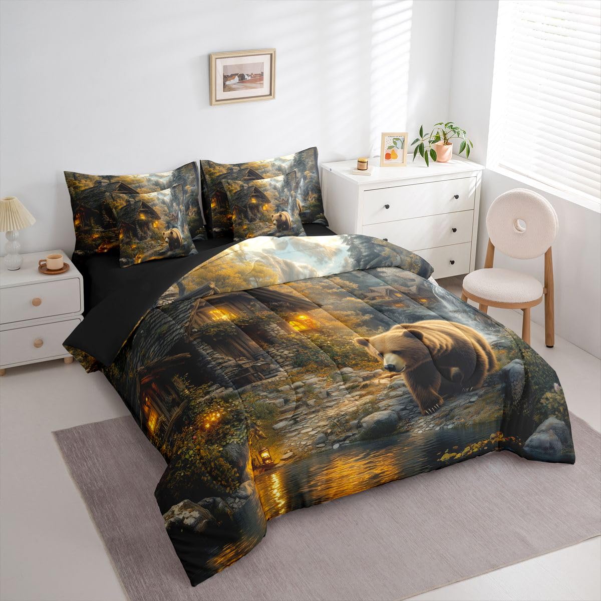 Erosebridal Cabin 7 Piece Bedding Set Queen Bear Comforter Set with Sheets Waterfall Snow Mountain River Woods Bed in a Bag Natural Theme Woodland Trees for Teens Men Women