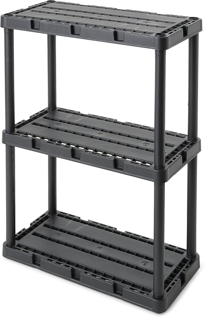 Gracious Living 4 Pack Light Duty Storage Shelves, Knect-A-Shelf 3-Shelf Ventilated Shelving Rack Organizer for Home, Garage, Basement, Laundry, Black