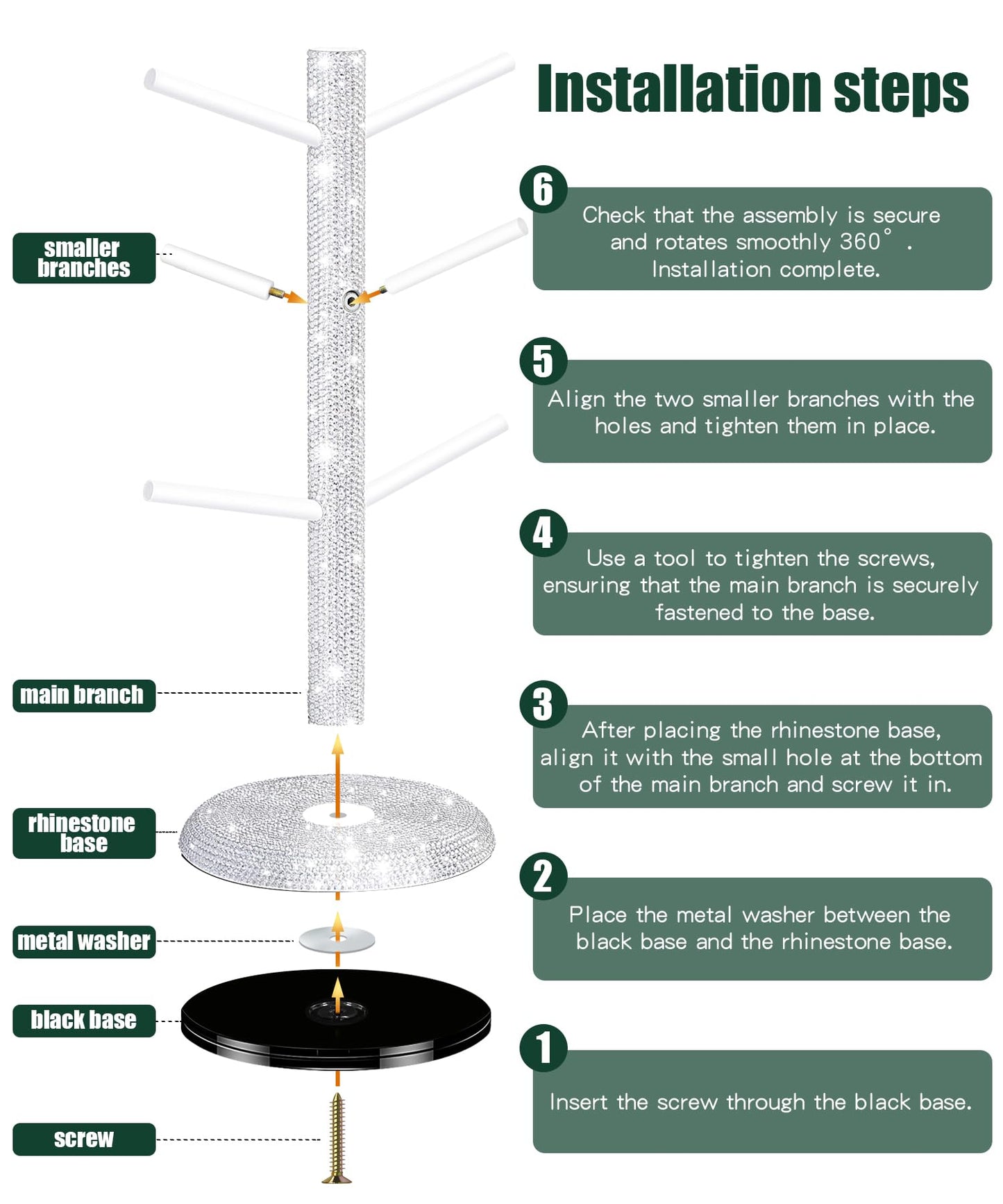Mulixis Bling Mug Holder Tree, 360° Rotation Coffee Cup Holder with 6 Hooks Crystal Rhinestone Mug Tree Rack Aesthetic Design Home Organization（White）