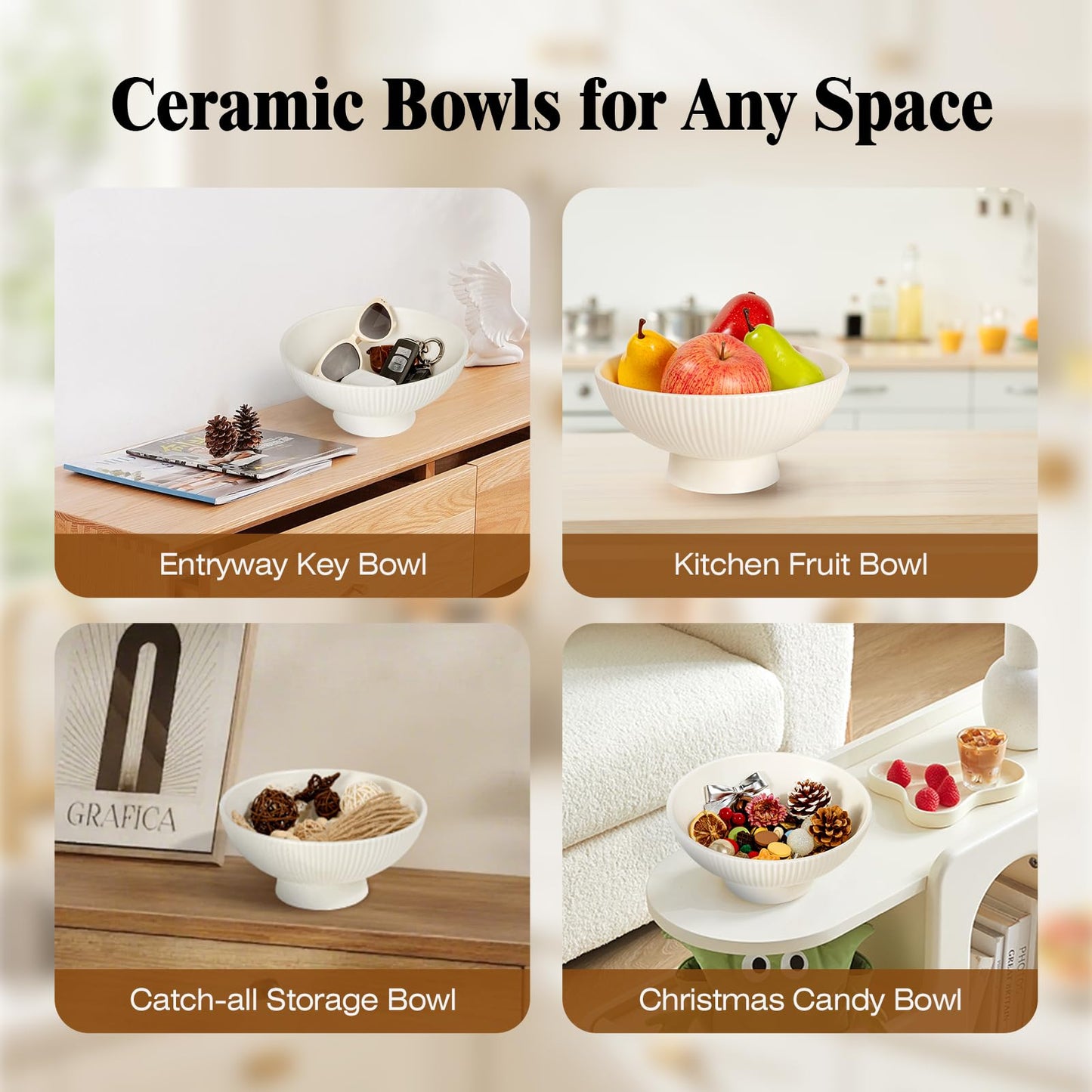 Richtmall Decorative Bowl 8 Inch Fruit Bowl for Kitchen Counter Modern Pedestal Footed Centerpiece Bowl for Coffee Table & Home Decor Fall Catch-All Bowl for Key, Candy, White