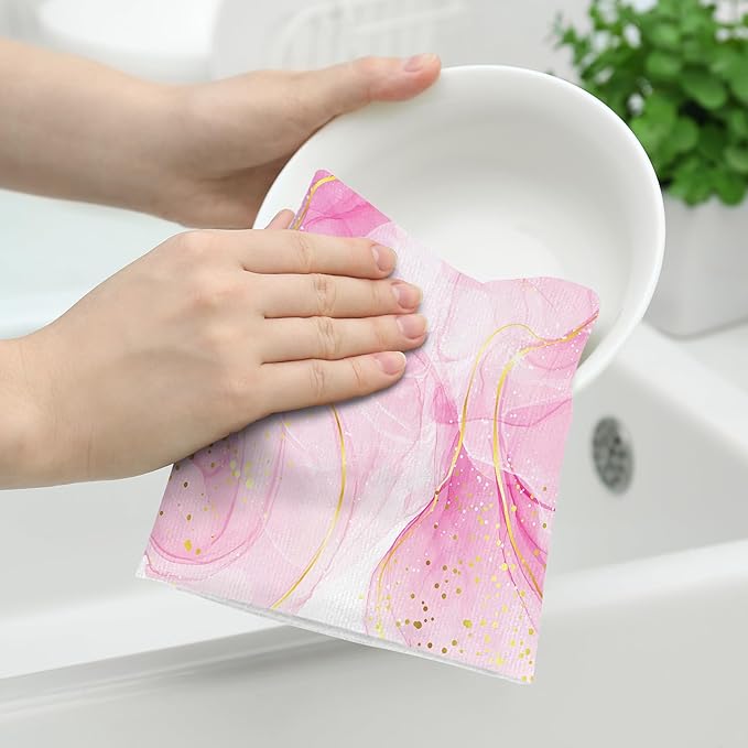 Pink Marble Kitchen Dish Towels and Dishcloths Sets of 2 Abstract Modern Dish