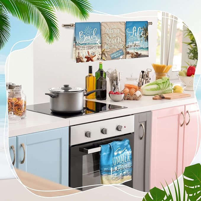Breling Set of 6 Summer Beach Kitchen Towels Vintage Themed Dish Towel Bathroom