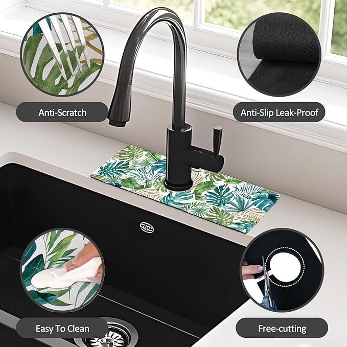 15" X 5.5" Kitchen Sink Splash Guard Faucet Mat Leaf Super Absorbent Fast