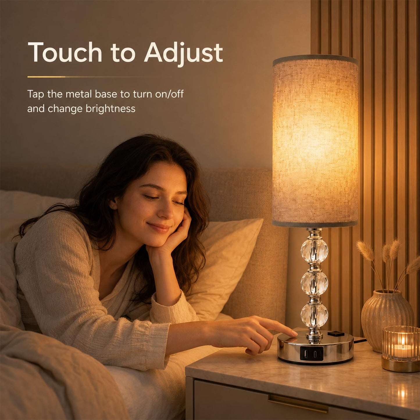 Wiomonrew Crystal Table Lamp 14.6", 3-Way Dimmable with Touch Control, USB Charging Ports & AC Outlet, Bulb Included, – 3000K Warm White for Bedroom Living Room