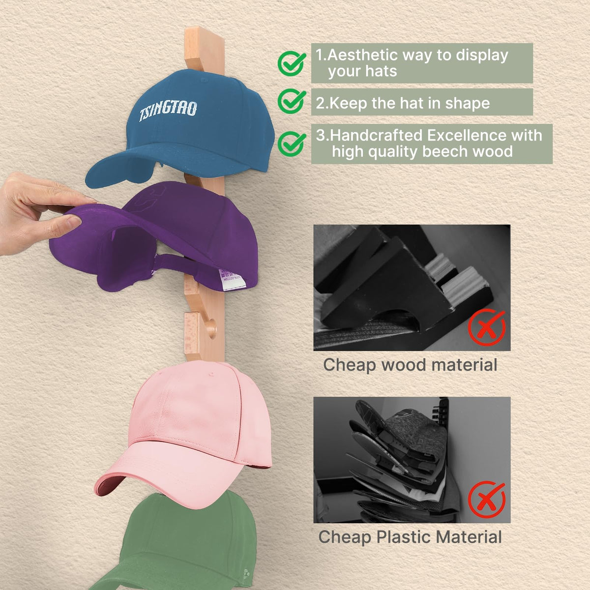 Onzbala Solid Wood Hat Rack for Wall (2 Pack) - 20 Baseball Cap Organizer - Premium Beech Hat Holder & Vertical Display - Heavy Duty Hat Hangers for Closet, Door, Mens Room Decor (Natural)