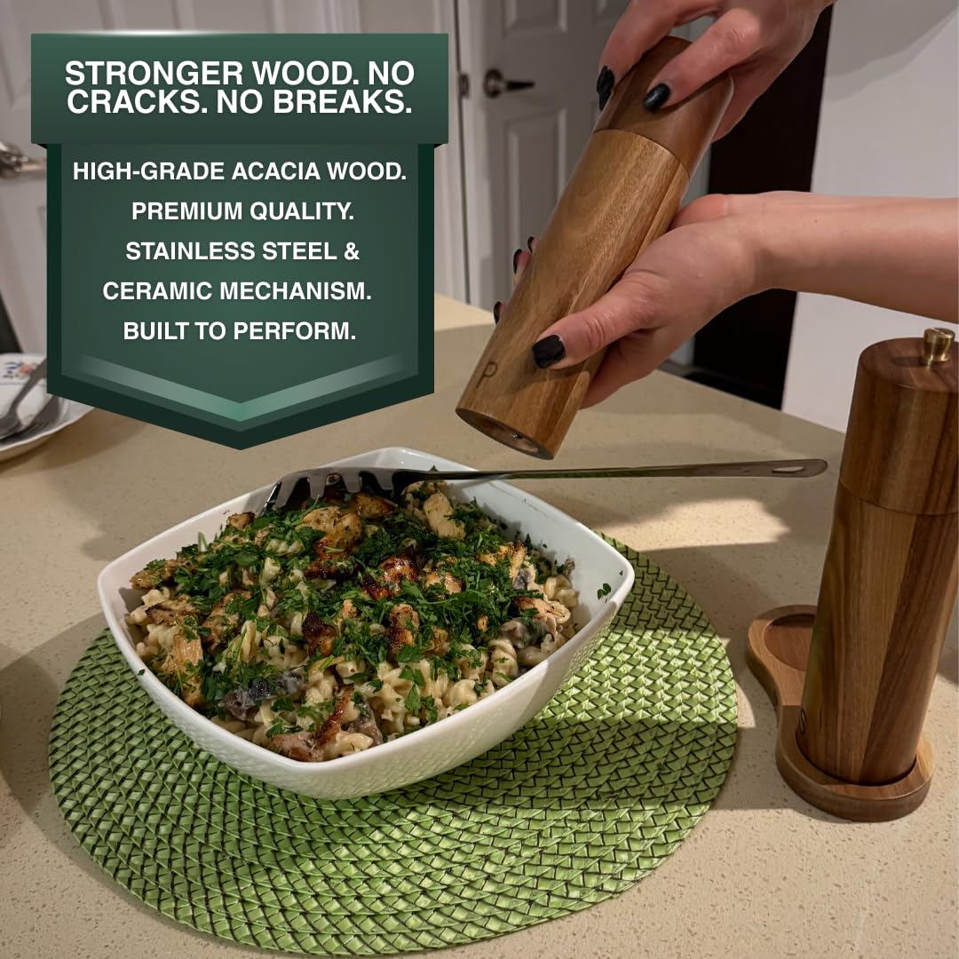 N Nelit Wooden Salt and Pepper Grinder Set: 8 Inch Refillable Acacia Salt & Pepper Mills with Adjustable Ceramic Grinder, Manual Spice Grinder for Customized Coarseness, Gift for Father's Day