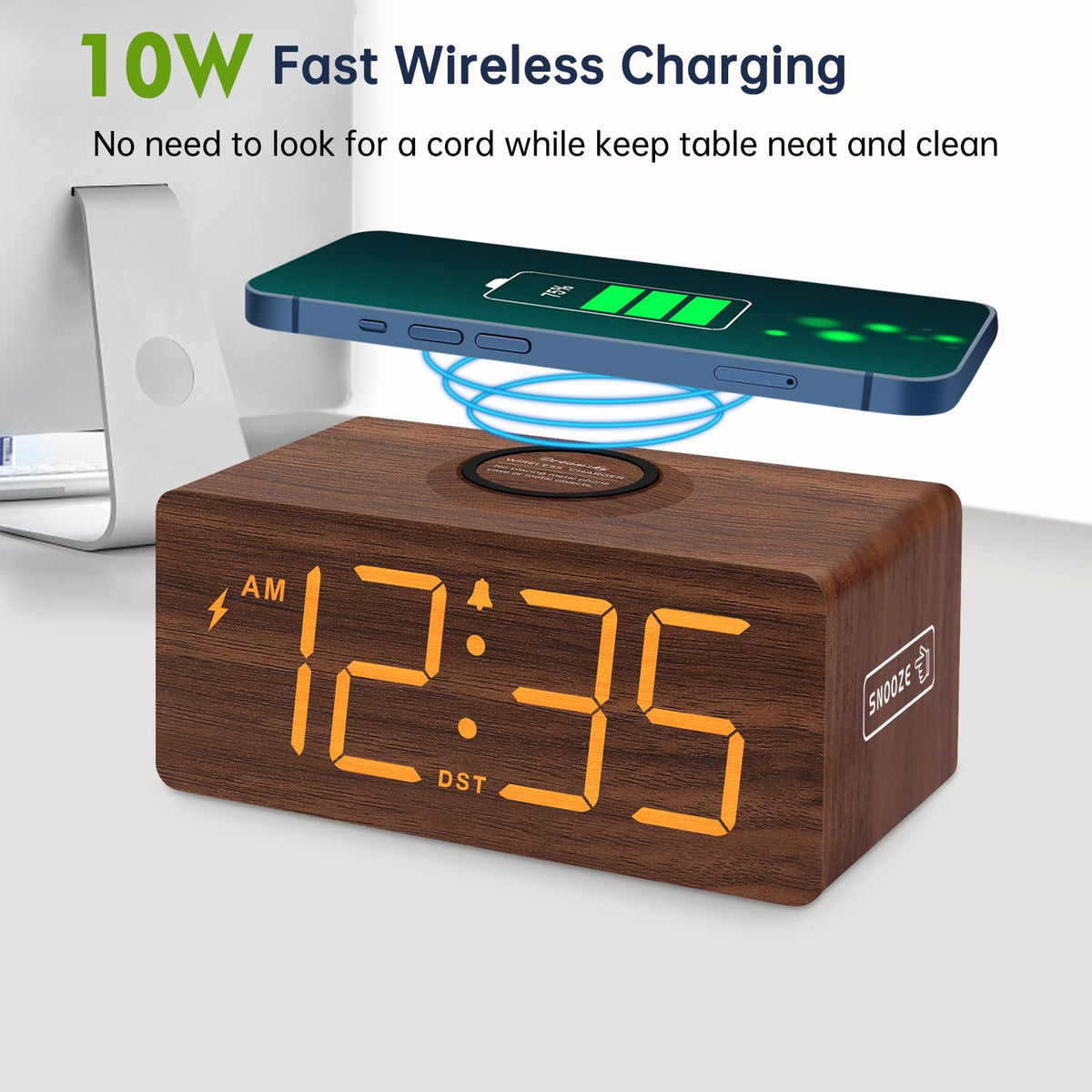 DreamSky Wooden Digital Alarm Clock with Wireless Charging for Bedroom