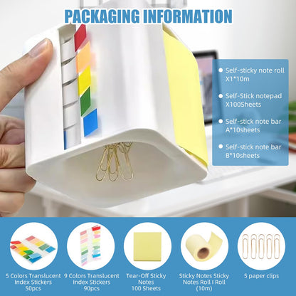 5-in-1 Sticky Note Dispenser and Holder with Pop Up Notes, Transparent Tabs, Magnetic Paper Clip Holder, Roll Sticky Notes - Multifunctional Cube Desk Organizer for Office, School & Home (Black)