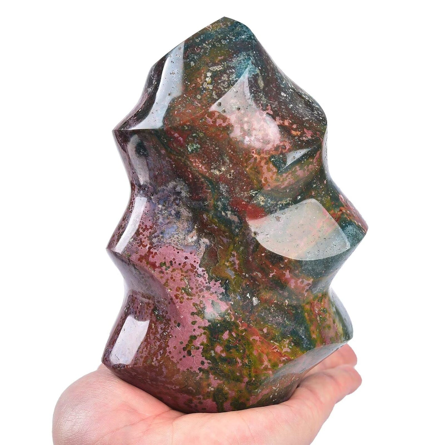 AMOYSTONE Ocean Jasper Flame Shaped Stone Towers Obelisk Natural Healing Crystal Quartz Reiki Energy Decoration Home Office Decor 1.0-1.5LBS