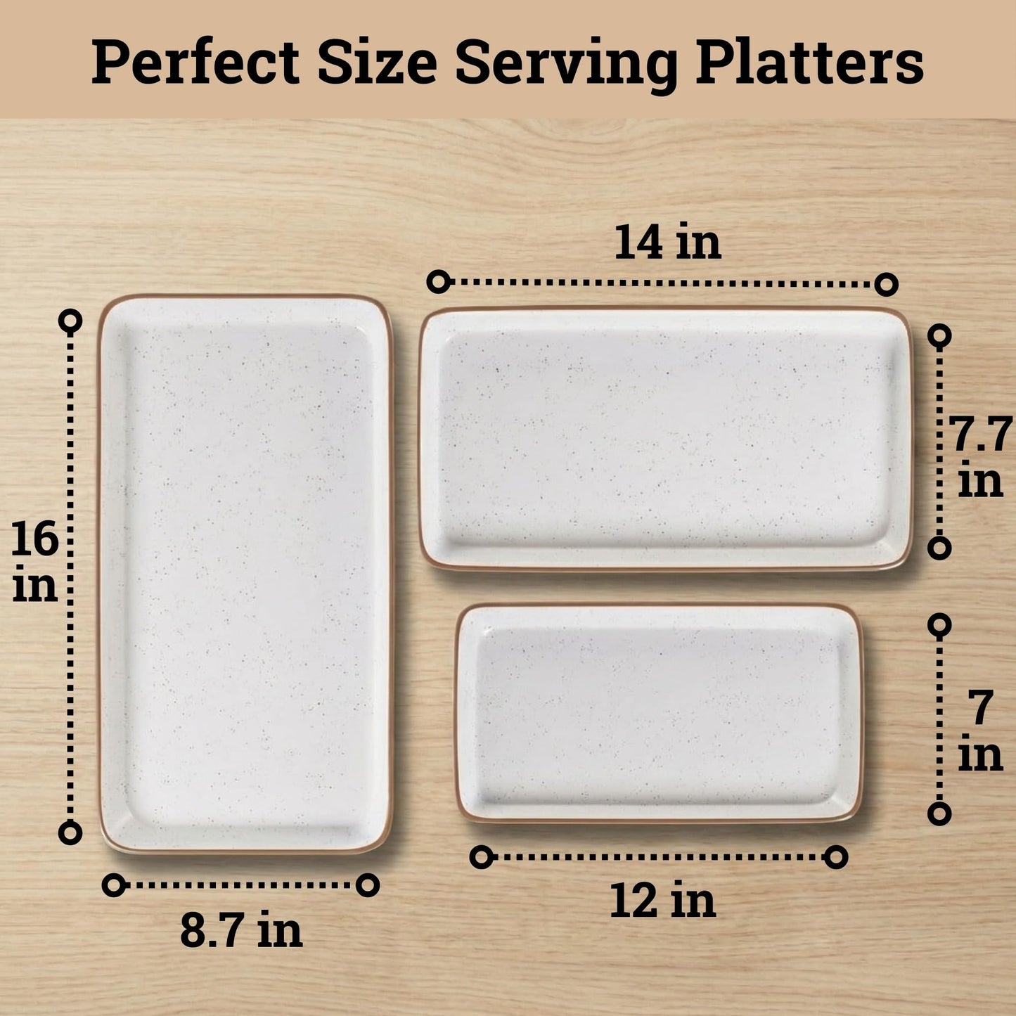 Ceramic Serving Platter Set of 3 - 16 / 14 / 12 Inches Oven Safe Serving Dishes for Entertaining - Platters and Trays - Porcelain Plates - Ceramic Grilling Platter - Rectangular Plates - Turkey Dishes