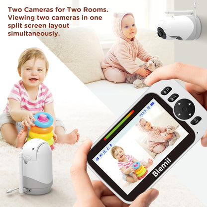 Blemil 5" Split-Screen Baby Monitor with 30-Hour Battery, Large Video Baby Monitor with Camera and Night Vision, Remote Pan/Tilt/Zoom Camera, Two-Way Talk, Lullabies, No WiFi,Up to 1000ft