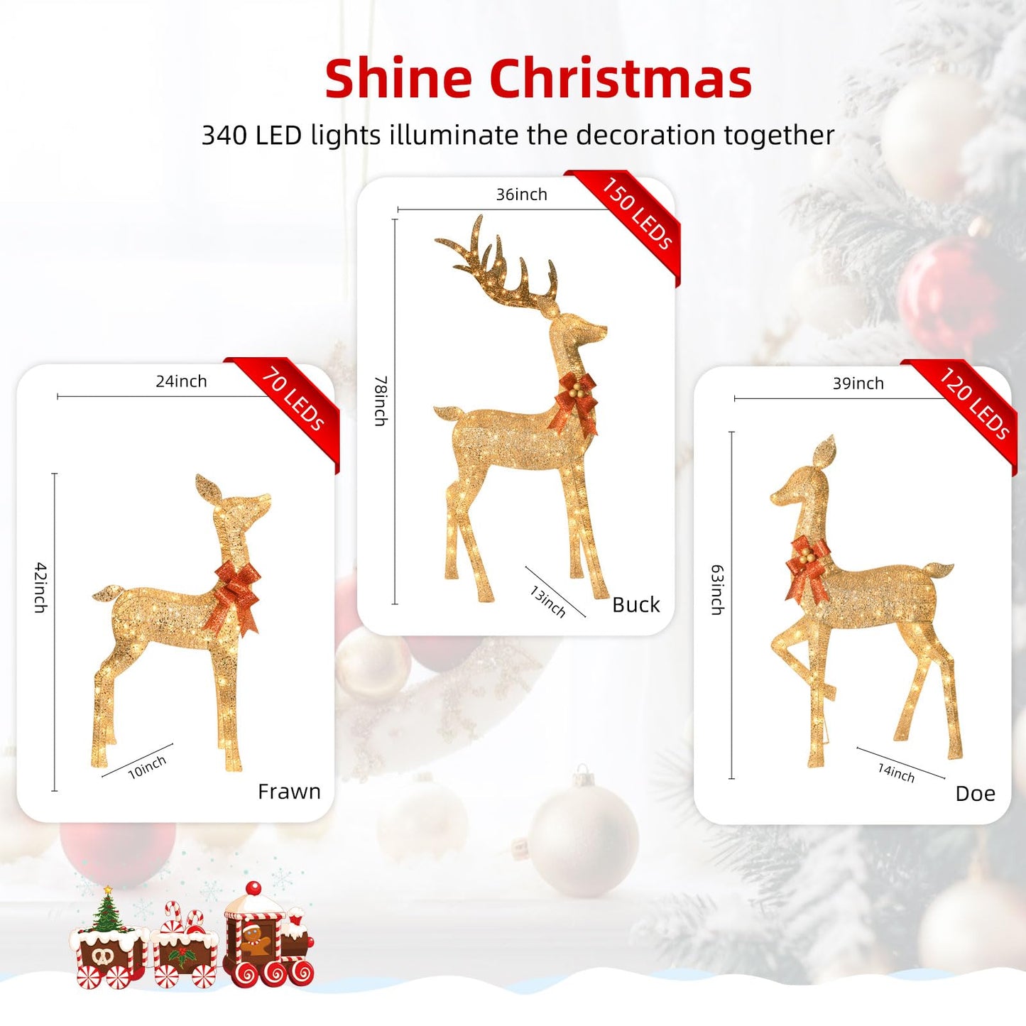 HOYECHI 6.5 FT Oversized Christmas Decorations Outdoor Lighted Reindeer – 3-Piece 3D Deer Family Set with 340 Warm White LED Lights for Yard, Lawn, Garden & Porch Holiday Display - Gold