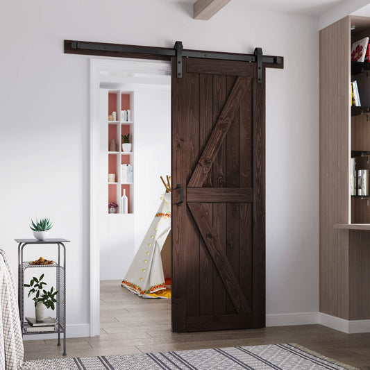 FREDBECK 30in x 80in Brown Barn Door with 5ft (60inch) Barn Door Hardware Track Kit and Handle Included, Double Surfaces,Simple Assembly is Required,K-Frame,Coffee