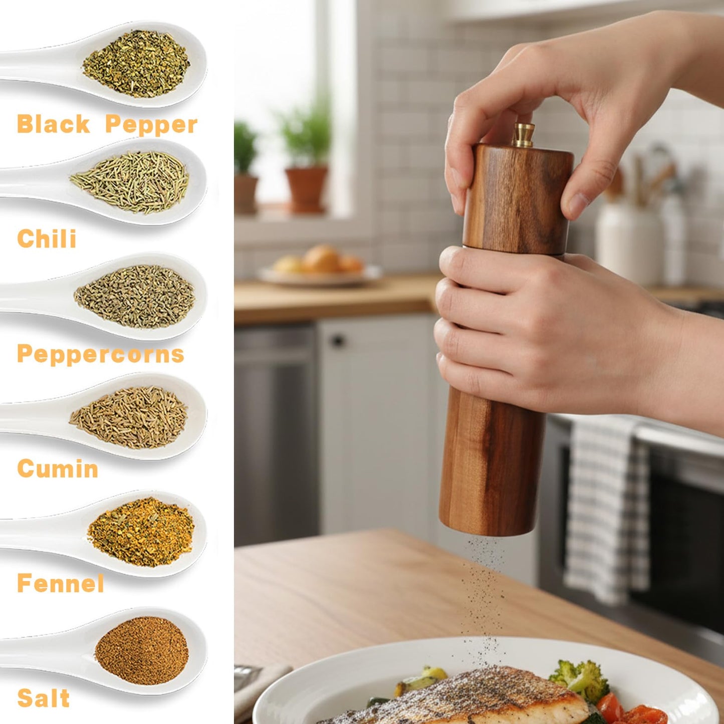 KongTiva 2 Pack Wooden Salt and Pepper Grinder Set, 8 Inch Adjustable Coarseness Manual Salt and Pepper Mill with Brush and Spoon, Acacia Wood Refillable Grinders for Kitchen Home Gift