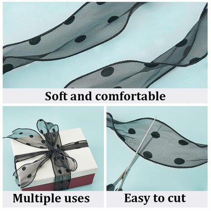CABODYALS 27.34 Yards 2 Inch Black Polka Dot Ribbon Round Dots Edging Polyester Lightweight Sheer Organza Chiffon Band Ribbons for Gift Wrapping Hair Bows Decor Bouquet Card Making DIY Craft Supply