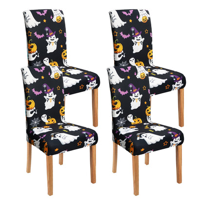 qwpmvhsak Halloween Chair Covers Set of 4, Cute Pumpkin Ghost Dining Chair Protectors, Black Elastic Removable Washable Dining Chair Covers, Suitable for Halloween Kitchen Restaurant Holiday Decor