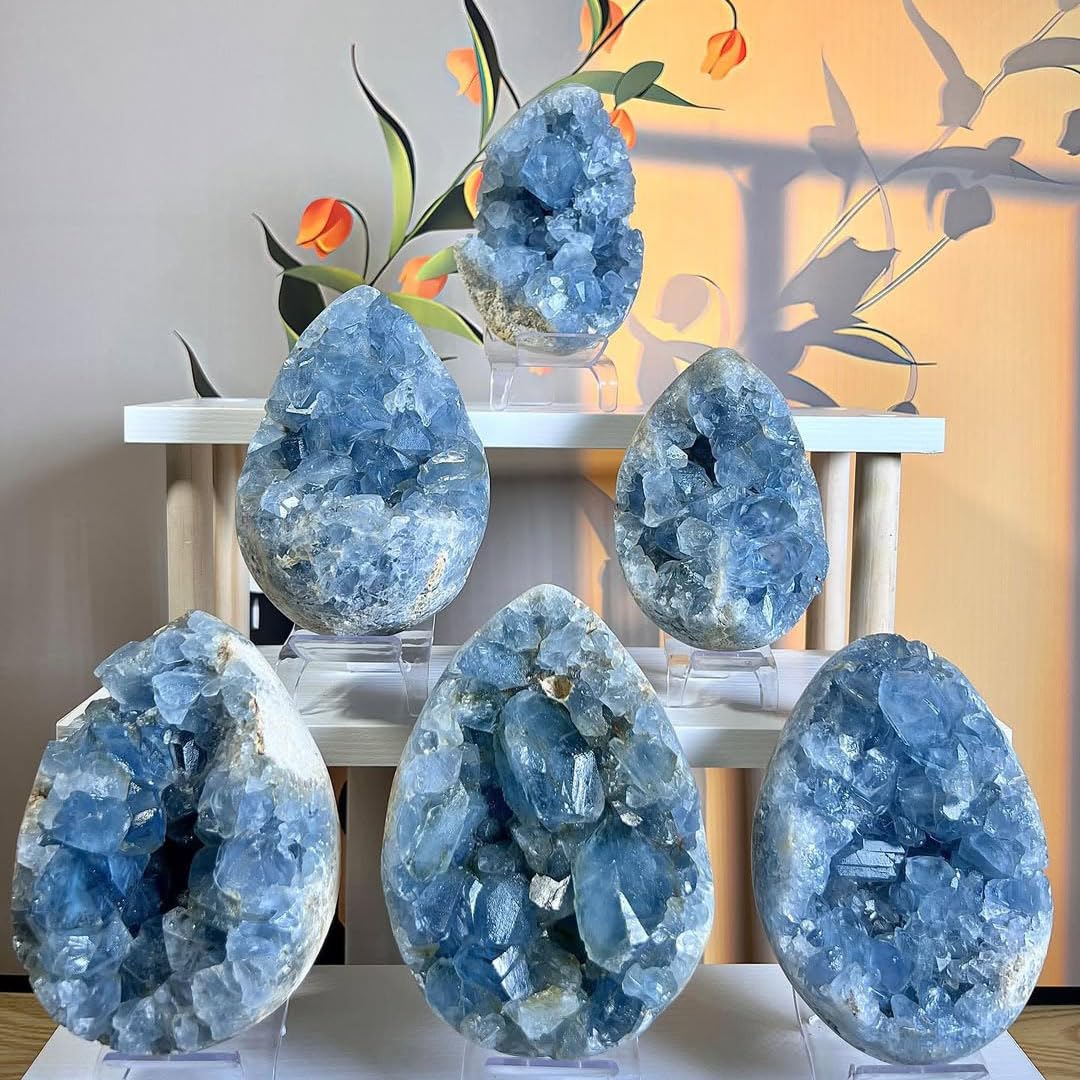 0.88-1.8lb Natural Celestine Cluster - Blue Quartz Geode for Home & Office Decor - Raw Crystal Healing Stone with Natural Formations