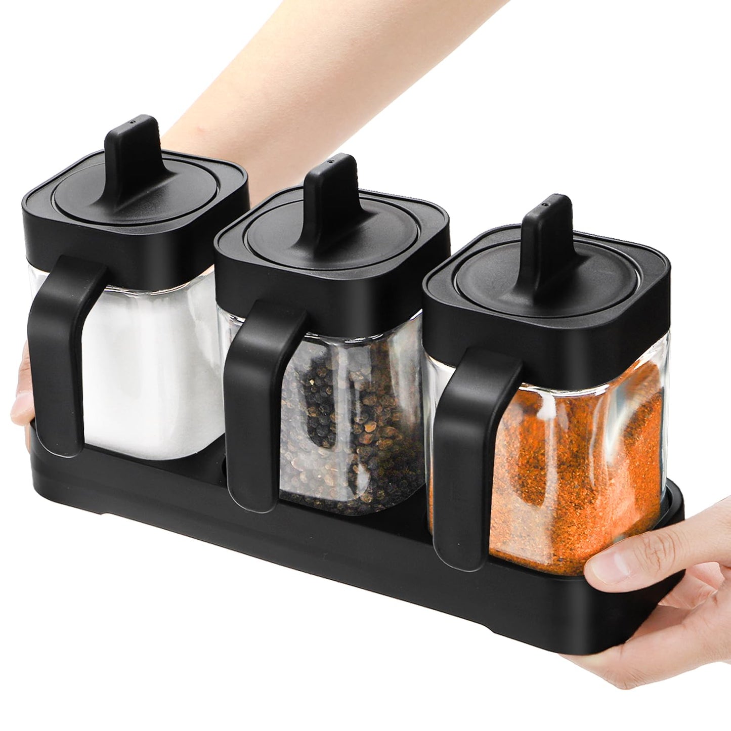 Mezchi Set of 3 Condiment Jar with Tray, 13.5 OZ Spice Container with Lids and Spoons, Glass Condiment Salt and Sugar Container Sets, Kitchen Seasoning Box for Salt Pepper Sugar Storage, Black