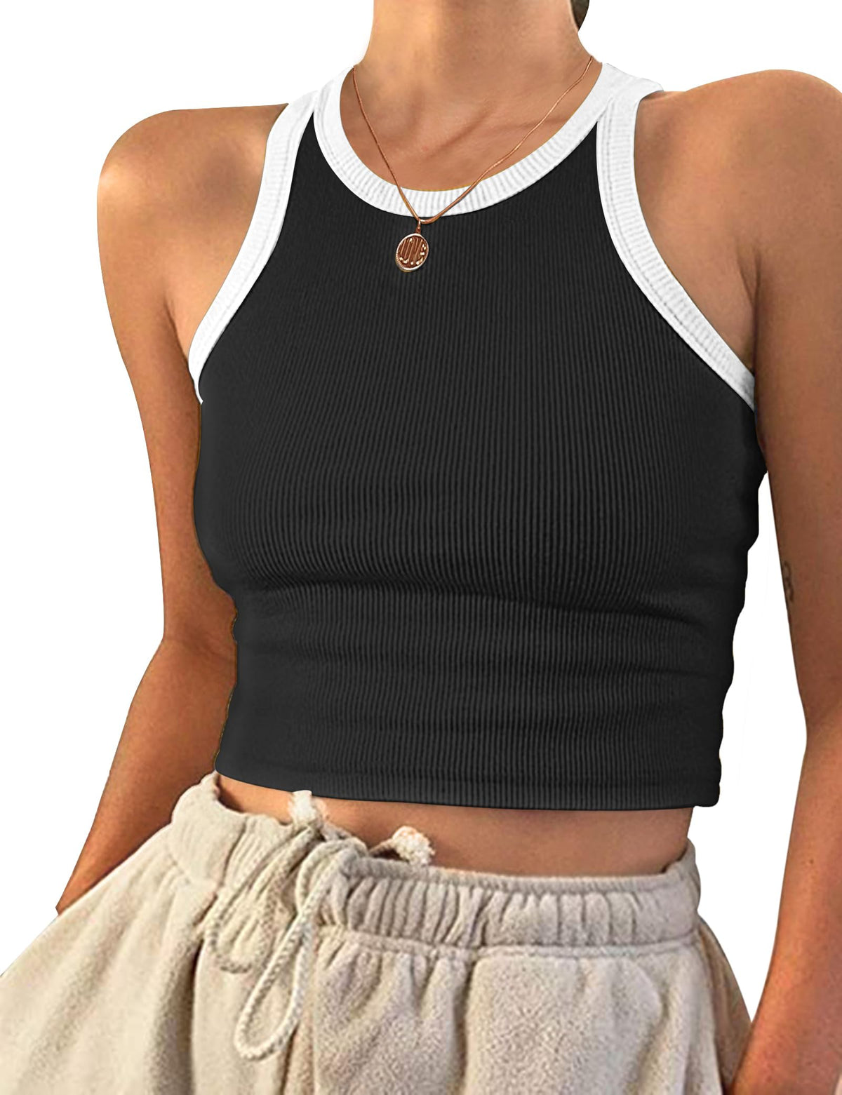 AUSELILY Womens Tank Top Womens Round Neck Basic Racerback Ribbed Tank Top Women(Black White,XL)