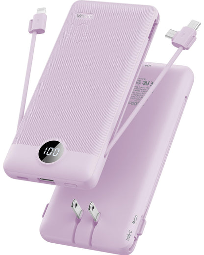 VRURC Portable Charger Built-in Cables and AC Wall Plug, USB C Power Bank 10000mAh, Travel Essentials Phone Charger Compact Lightweight External Battery Pack for Smart Phones, Tablets etc-Pink