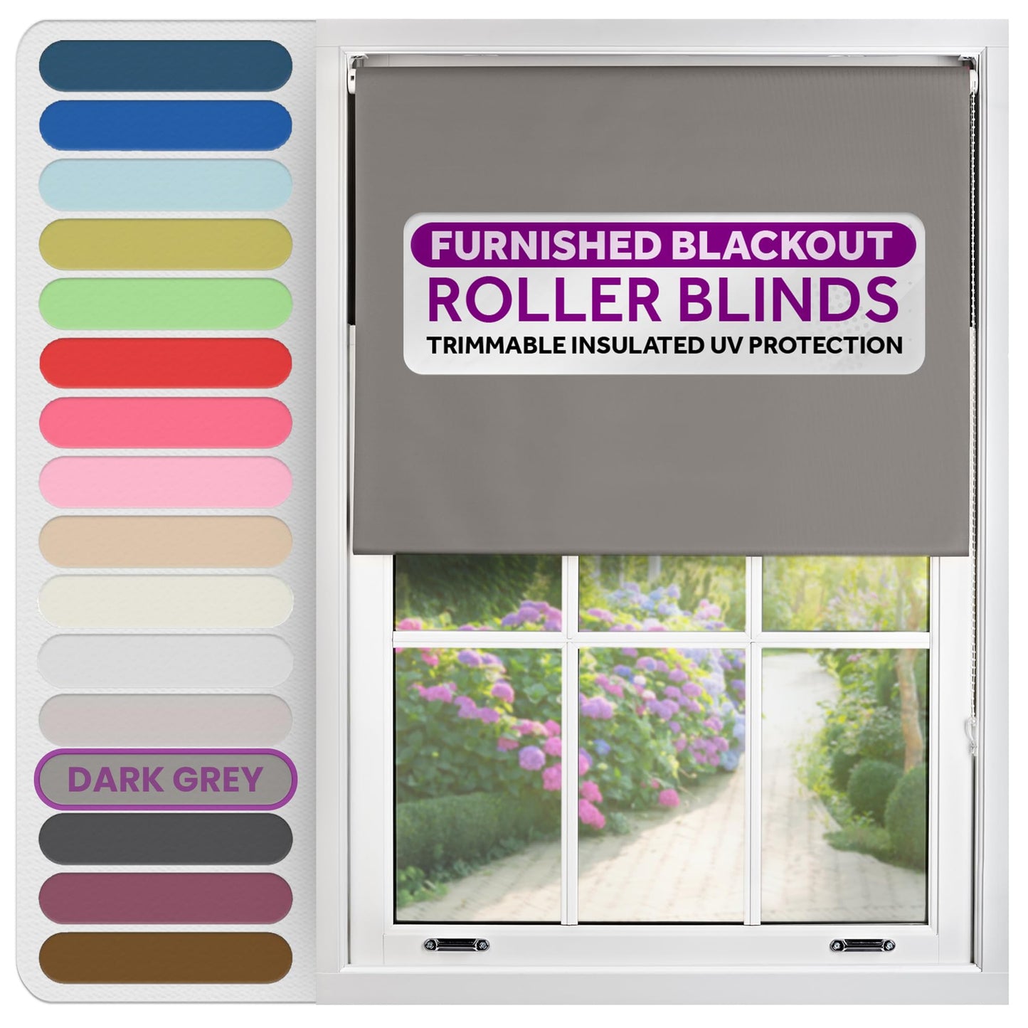 FURNISHED Roller Blinds Thermal Blackout Roller Blind - Trimmable Insulated UV Protection Child Safe Easy Fit Home Office Window Blinds, Dark Grey, 60W x 165H cm