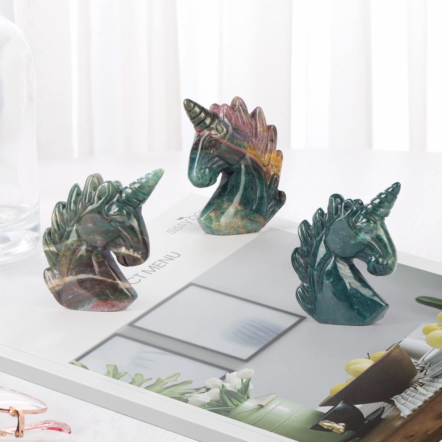 Artistone 2" Unicorn Crystal Gemstone Statue Figurine Sculpture Collection Hand Carved Reiki Healing Crystal Stone(Ocean Jasper)