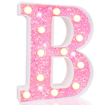 Pooqla LED Marquee Lights, Pink Glitter Alphabet Letters - Battery Powered Night Light, Birthday Party, Wedding, Home Bar, Christmas Decoration - Letter B